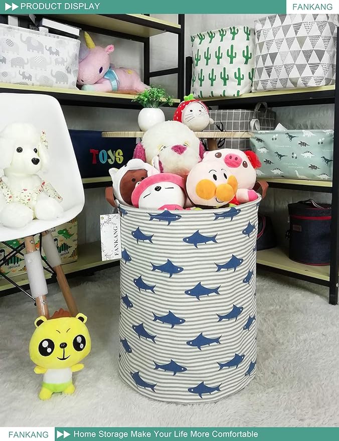 FANKANG Storage Basket, Nursery Hamper Canvas Laundry Basket Foldable with Waterproof PE Coating Large Storage Baskets for Kids Boys and Girls, Office, Bedroom, Clothes,Toys（Shark）