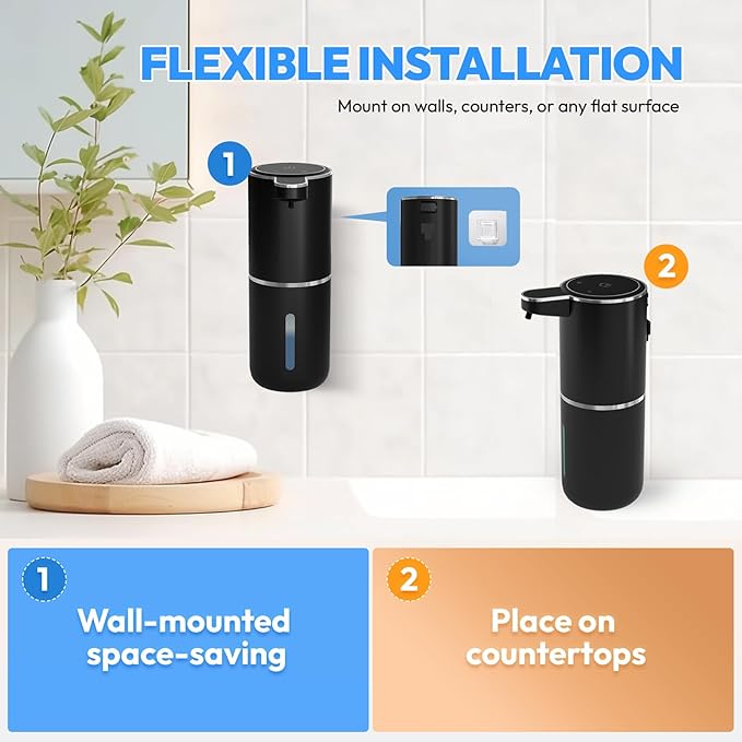 Automatic Foaming Soap Dispenser,Touchless Foam Soap Dispenser,12.8oz Rechargeabled Wall Mounted Smart for Bathroom and Kitchen Dish Soap,Easy for Toddlers(Black)