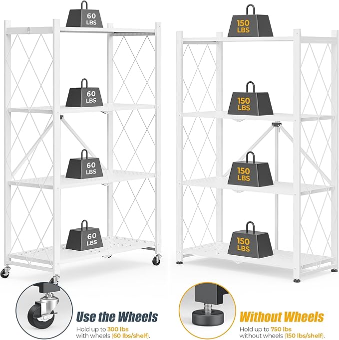 4-Tier Folding Metal Storage Shelf with Wheels, No Assembly Organizer Rack, Heavy Duty Collapsible Shelving Unit for Garage, Kitchen, Basement, Pantry, Living Room(New Upgrade - White, 4 Tier)