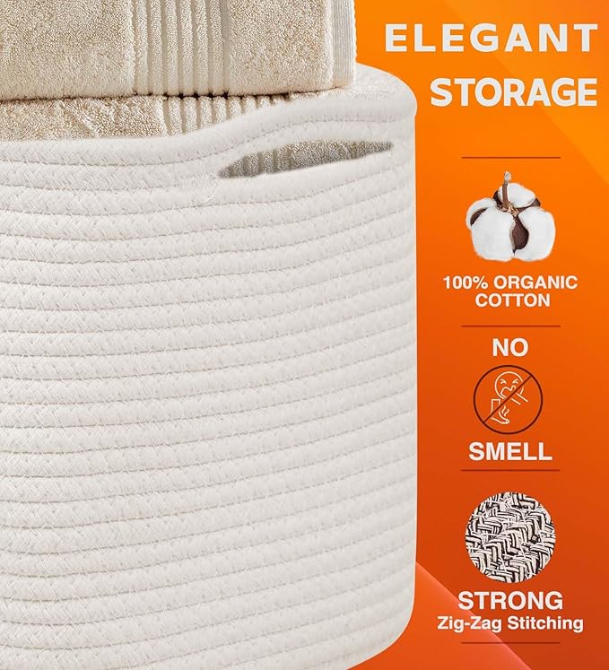 CHAT BLANC Cotton Rope Baskets for Organizing | Storage Baskets for Shelves | Rope Basket for Storage, Small Laundry Baskets, Woven Baskets for Storage, Dog Toy Bin, Baby Basket, Creamy White 3 Pack