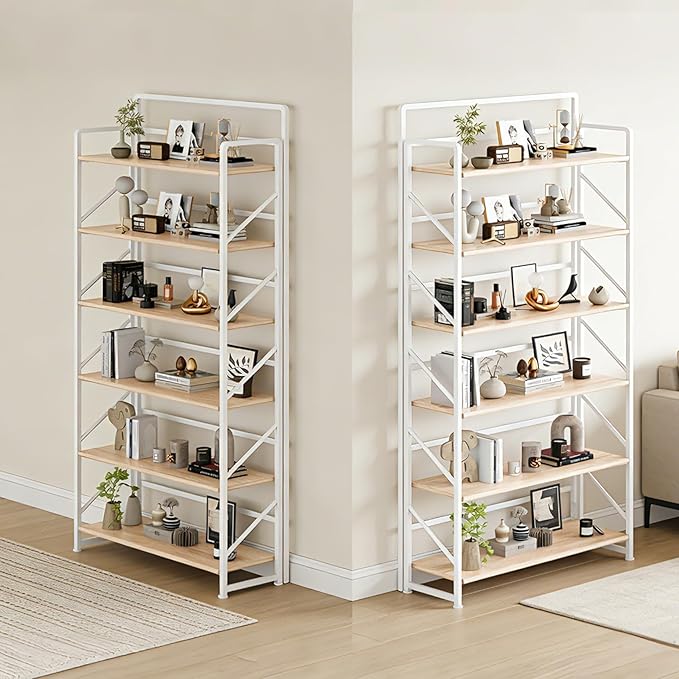 JSB Folding Bookshelf,Industrial Storage Shelves, No Assembly Vintage Wood Look Bookshelf with Storage Shelves for Living Room, Bedroom, Office (White, Wide 6-Tier)