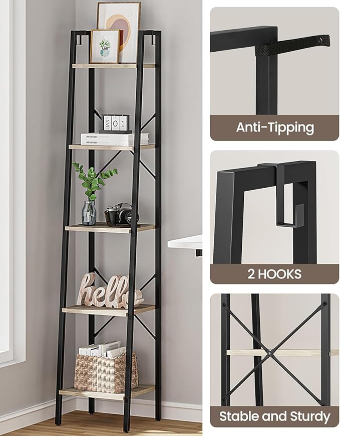 Ladder Shelf, Bookshelf Bookcase, Freestanding Corner Storage Shelve with 2 Hooks for Home Office, Living Room, Kitchen, Bedroom, Industrial, 11.8" D x 13.4" W x 63" H, Greige BC03205B