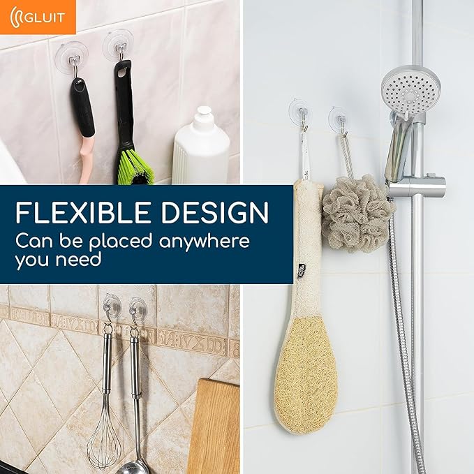 GLUIT Suction Cup Hooks - Utility Hook Wall Hangers for All Purposes Stainless Steel Removable Small Suction Cups for Kitchen Bathroom Shower Wall Window Glass Door 3 lbs (24 Suction Hooks)