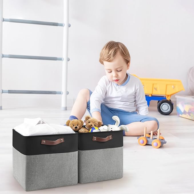 6-Pack Foldable Fabric Storage Cubes 11x11 Inch, Sturdy Cube Organizer Bins with Leather Handles, Storage Baskets for Closet Shelves and Home Organization(Black/Gray)
