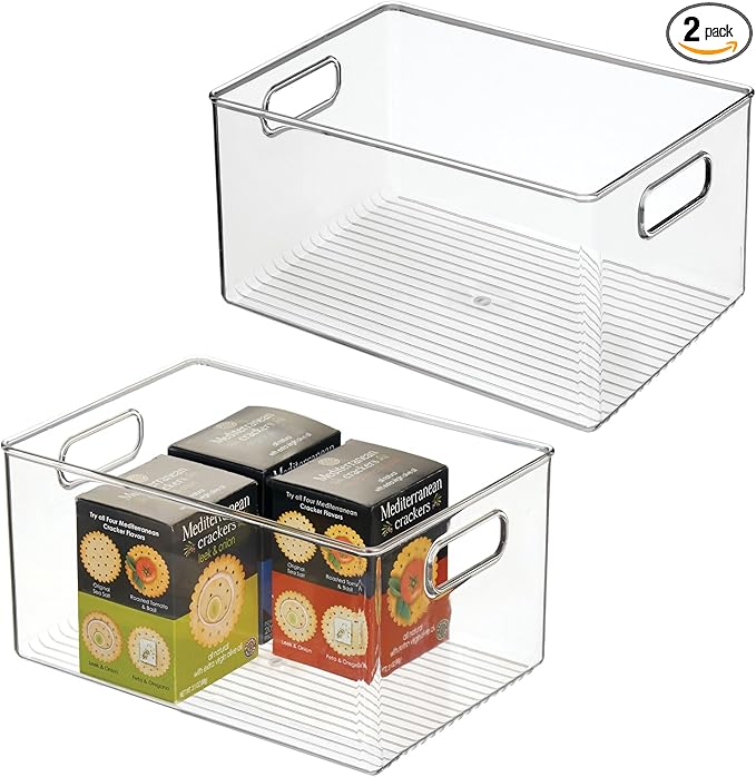 iDesign Pantry Organizer Bins with Handles - Storage Bins for Cabinets or Fridge - Set of 2 - Clear