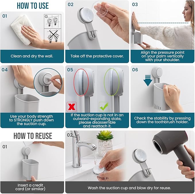 TAILI Suction Toothbrush Holder, Powerful Toothpaste Toothbrush Suction Cup, Self-draining Shower Razor Holder, Shower Toothbrush Holder for Wall, Kitchen Tableware Holder, Gray