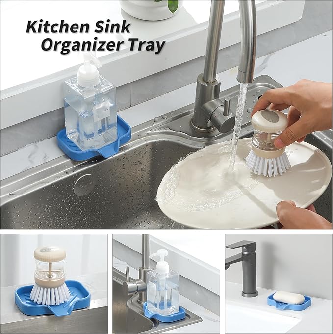 MicoYang Silicone Bathroom Soap Dishes with Drain Spout-Bathroom and Kitchen Sink Organizer,Sponge Holder,Dish Soap Tray,Perfect for Dispenser,Scrubber,Bottle,Cup on Counter Lichen Blue 4.9"×3.2"
