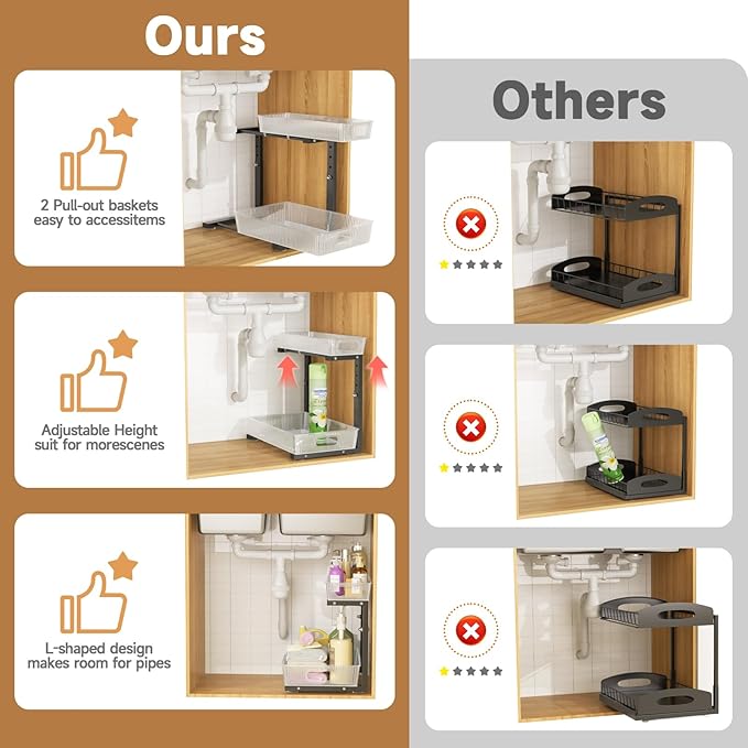ETOYA Under Sink Organizer 2 Pack Pull Out Bathroom Cabinet Countertop Organizer 2 Tier Slide Out Kitchen Organizers and Storage Bathroom & Laundry Under Under Sink Shelf-Black