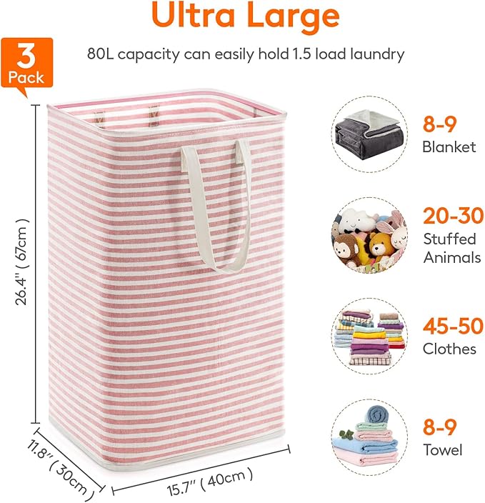 Lifewit 3 Pack Laundry Hamper Large Collapsible Laundry Baskets, Freestanding Waterproof Clothes Hamper with Easy Carry Handles in Laundry Room Bedroom Bathroom College Dorm, Pink, 3 x 80L