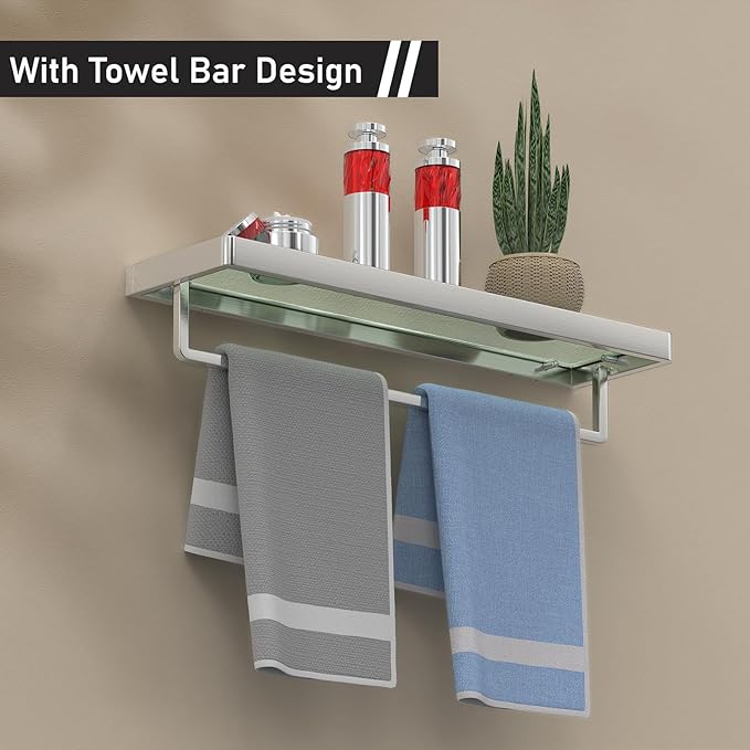 SFGSOWOR Glass Floating Shelves for Wall, Brushed Nickel 20 Inch Tempered Glass Rectangular 1 Tier Organizer Shelf for Bathroom