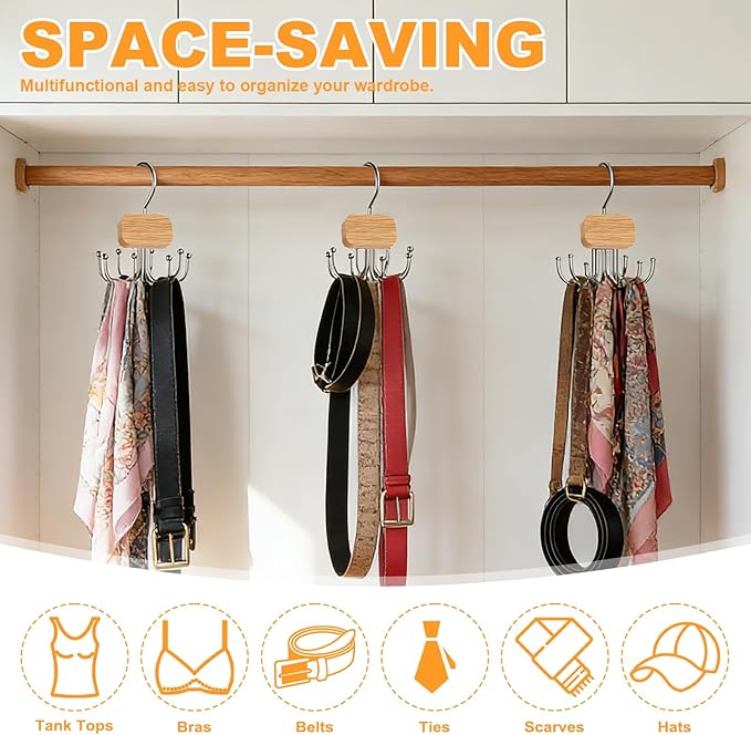 3 Pack Tank Top Hanger, Rotatable Bra Organzier for Closet, Bra Hanger for Closet Organizer, 360° Rotating & Foldable, Metal and Wood, Space-Saving Belt Hangers for Tank Tops, Belt, Tie (Wood)