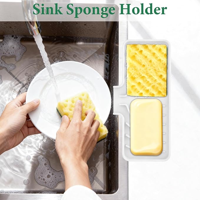 GUUKIN Sponge Holder for Kitchen Sink , 9.8"×4.9" Silicone Dish Drying Mat, Scrub Daddy Holder, Kitchen Sink Accessories, Suitable for Kitchens & Bathrooms (White)
