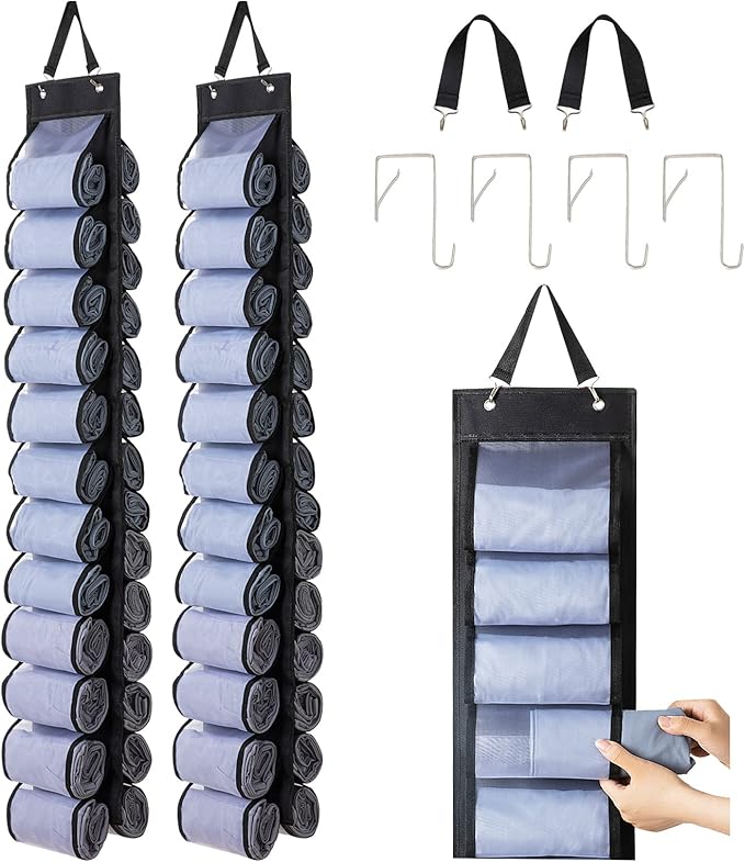 Legging Organizer Storage - 2PCS T Shirt Organizer, Hanging Closet Organizers and Storage with 26 Roll Independent Compartments for Yoga Pants, Towel, Bathing Suit (Black)