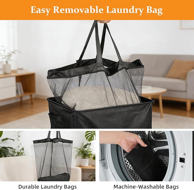 90L Laundry Basket with Wheels,Laundry Hamper with Removable Wash Bag, Rolling Clothes Hamper, Foldable Dirty Clothes Basket on wheels for Bedroom, Dorm, Laundry Room, Black