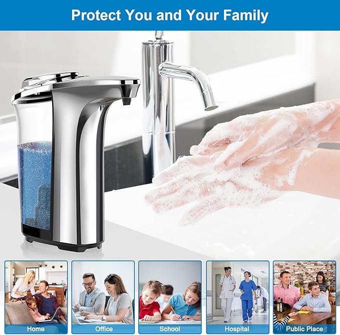 Automatic Soap Dispenser, Touchless Dish Soap Dispenser 17oz/500ml with Upgraded Infrared Sensor, 5 Adjustable Soap Dispensing Levels, Liquid Hand Dispenser for Bathroom (Silver Set)