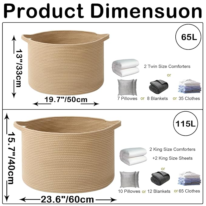 65L Large Blanket Basket,19.7" L x 19.7" W x 13" H Rope Woven Baskets with Handles, Toys Storage Bins,Laundry Basket Perfect for Living Room, Nursery,Bedroom,Home Organization,Camel