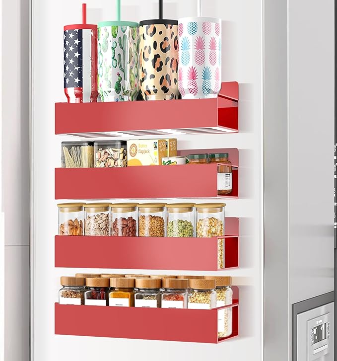 Magnetic Spice Rack for Refrigerator Seasoning Organizer for Spice Fridge Shelf storage Magnetic Shelf with Hook for Oven(6pack) (4pack-Red)