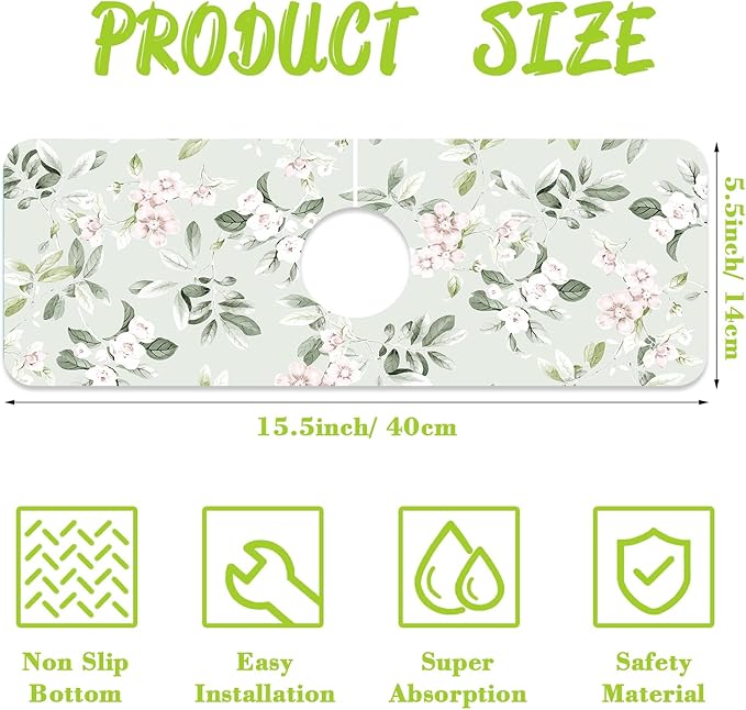 Sink Splash Guard Faucet Mat Petunias Flowers and Butterflies Absorbent Fast Drying Mat Sink Gadgets Splash Guard Behind Faucet Drip Catcher for Kitchen Bathroom 15.5"X5.5"