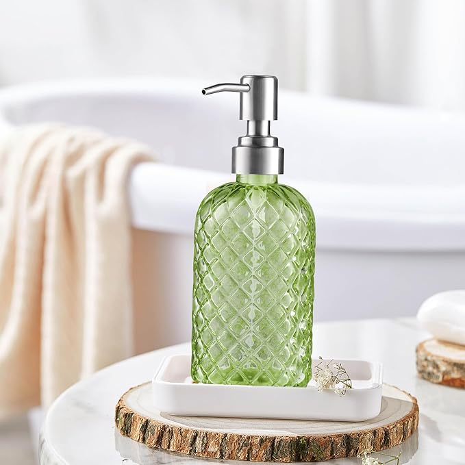 14 Oz Refillable Glass Soap Dispenser with Rust Proof Stainless Steel Pump, for Dispense Hand soap, Body wash, Lotion 2pack (Green)
