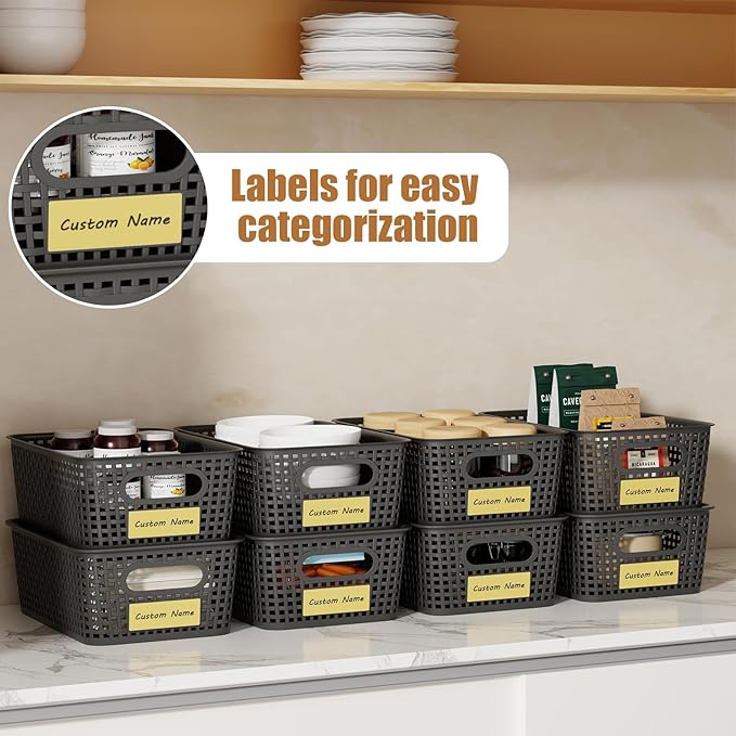 8 PCS Plastic Storage Baskets with Lids, Stackable Storage Bins with Lids & Labels for Organizing, Small Storage Bins for shelves, Office, Drawer, Cabinet & Pantry,Nursery Organization,10.2*7.2*4.1In