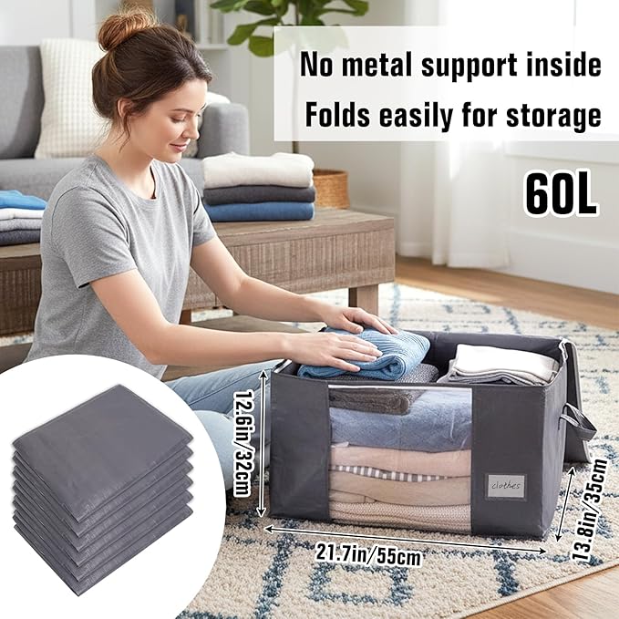 YGEOMER 6 Pack Heavy Duty Blanket Storage Bags Clothes Storage Foldable Closet Organizers Containers with Reinforced Handle for Clothing, Blanket, Comforters, Bed Sheets, Pillows and Toys, Grey 60L