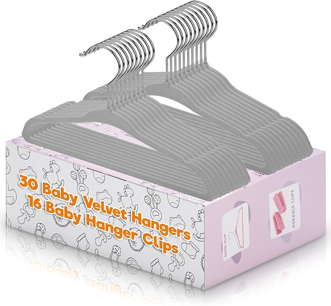 Velvet Baby Hangers with Clips (30 Pack) | 11” Ultra-Slim Baby Clothes Hangers | Non-Slip Felt | Space-Saving Nursery & Infant Closet Organizer | Gray