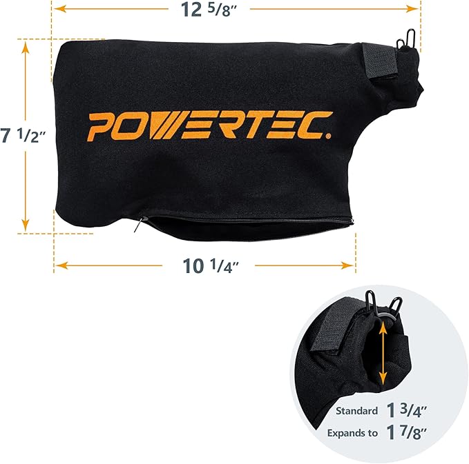POWERTEC Miter Saw Dust Collector Bag for 7-1/4", 8-1/2", 10" Miter Saw, Fits Nominal 1-3/4" Dust Ports, Hook and Loop w/Zipper, Wired Adjustable Stand for Miter Saw Accessories, 2PK (75076-P2)
