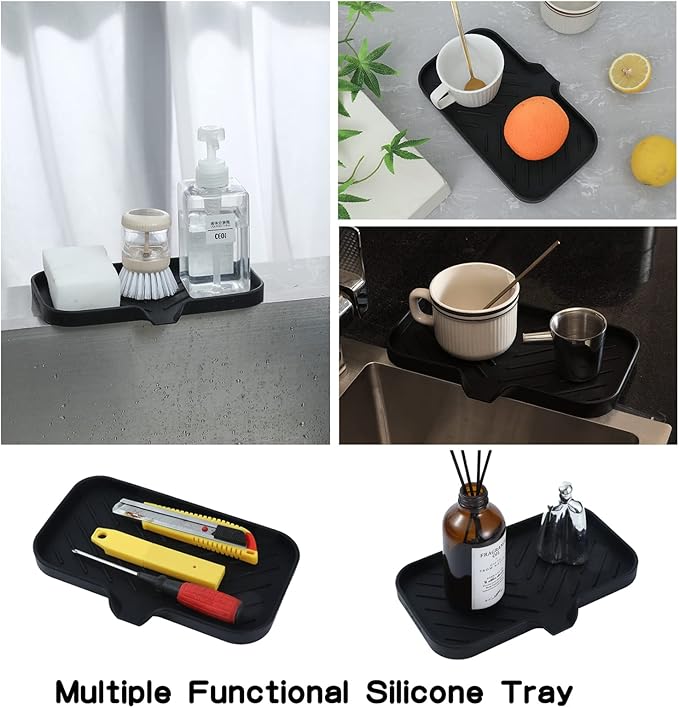 MicoYang Silicone Bathroom Soap Dishes with Drain Spout-Bathroom and Kitchen Sink Organizer,Sponge Holder,Dish Soap Tray,Perfect for Dispenser,Scrubber,Bottle,Cup on Sink or Counter-Black 9.6"×5.3"