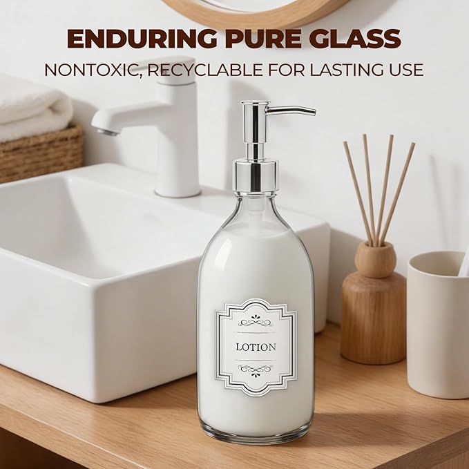 16 oz Clear Glass Soap Dispenser with Plastic Silver Pump, Glass Pump Bottle for Lotion Body Oil, 500ml Hand and Dish Soap Dispensers for Bathroom Kitchen - 2 Pack