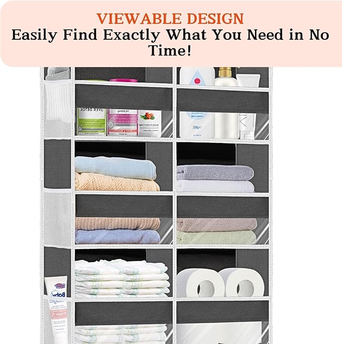 Over the Door Organizer 6 Tiers, Extra Large Behind Door Storage of 12 Compartments, 80 lbs Weight Capacity Hanging Storage Organizer with Clear Window Kids Toys, Shoes, Diapers, Room storage
