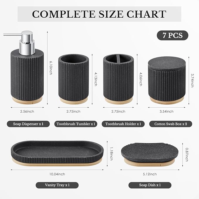 7PCS Bathroom Accessories Set, with Soap Dispenser, Q-tip Holder, Toothbrush Holder, Tumbler, Soap Dish, Vanity Tray, Complete Bathroom Accessory Set Organizer Countertop for Modern Home Decor, Black