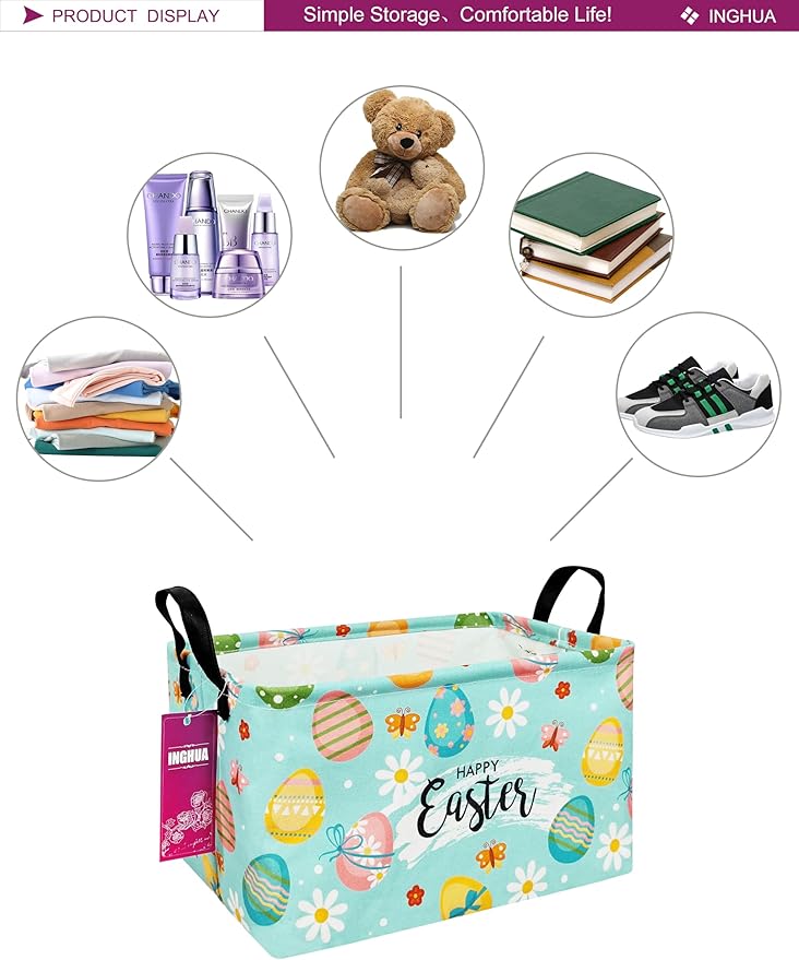 Rectangular Storage Basket Fabric Organizer Bin for Toys,Books,Clothes,Gifts,Pets-Perfect for Home,Office,Nursery,Dorm,Shelf(Rec-Easter eggs)