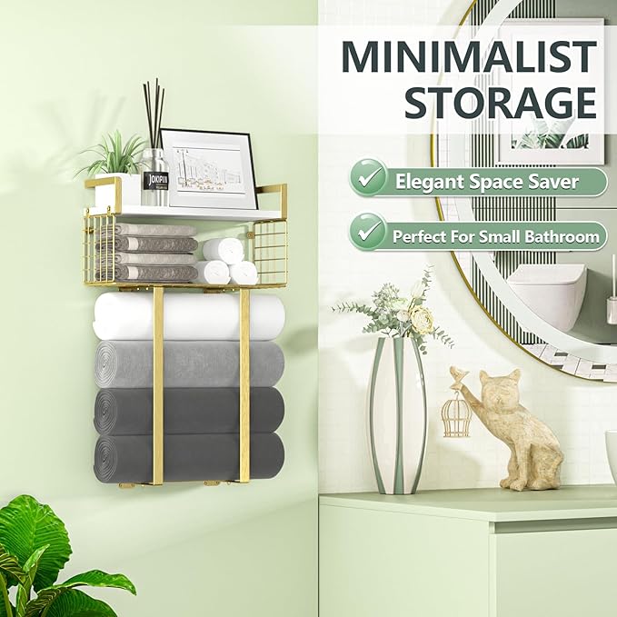 Towel Racks for Bathroom, Bathroom Shelf Over Toilet,Floating Shelves with Towel Rack Paper Holder Storage Basket,Floating Shelves for Wall Decor,Gold