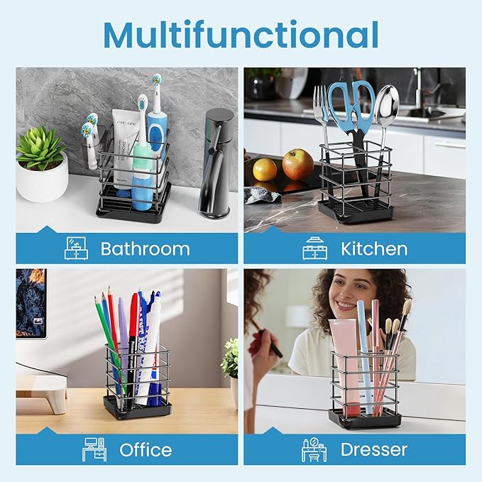 Toothbrush Holders for Bathrooms, Stainless Steel Toothbrush and Toothpaste Holder, Kids Electric 3 Slots Tooth Brushing Holder Stand for Bathroom Accessories Organizer with Tray, Black