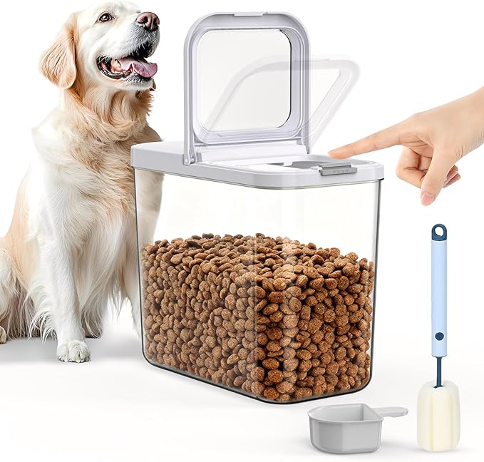 12 Lbs Airtight Dog Cat Food Storage Container and Dog Treat Containers BPA-Free, PET Clear Stackable Pet Storage Bin, 1-Cup Scoop, 1-Sponge cleaning brush, Pop Top, With handle, Easy Mobility