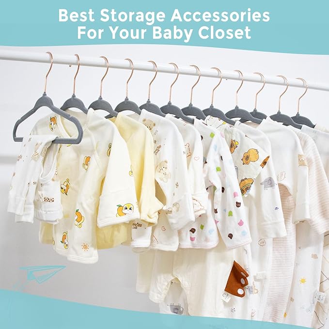 Velvet Baby Hangers 30 Pack - 11 Inch Non-Slip Kids Hanger for Newborn Clothes - Small Toddler Child Hangers Durable for Every Use - 10 Hanger Clips Included, Gray