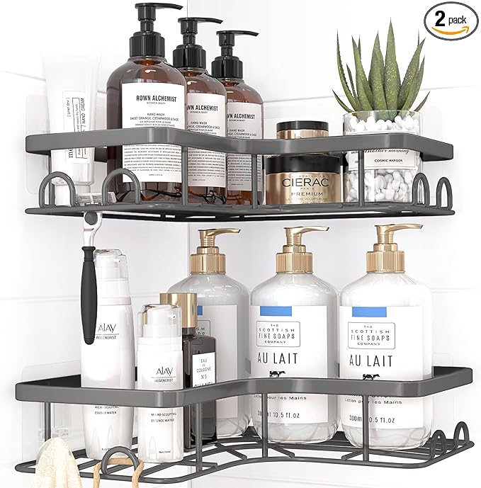 Corner Shower Caddy - 2 Pack, Adhesive Shower Organizers, Rustproof Stainless Steel Shower Shelves with 8 Hooks, No Drilling Bathroom Organizers and Storage Racks, Space-Saving, Grey, Medium
