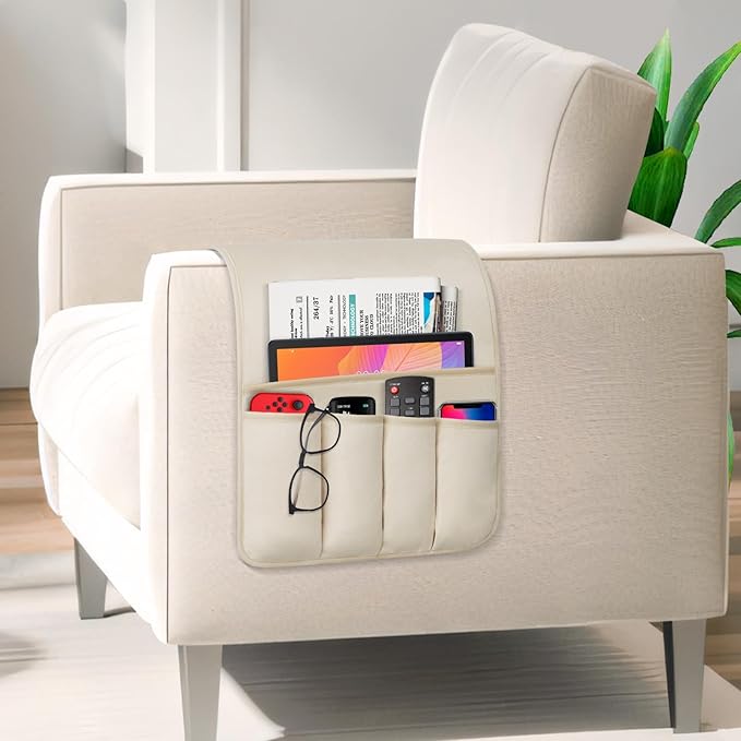 WETRBWEH TV Remote Control Holder Couch Caddy, Non-slip Bedside Caddy Organizer with 5 Pockets for Key Glasses Phone Magazine Holders (Beige, 35"x12.4")