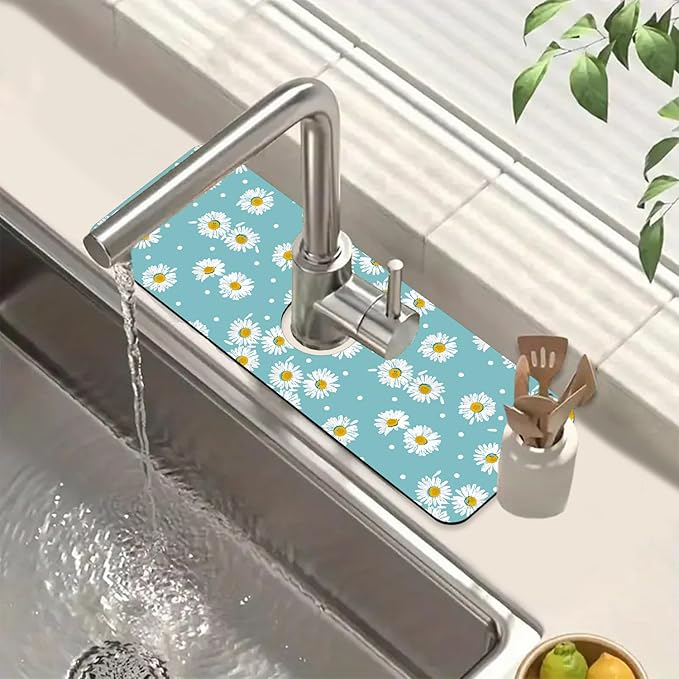 Cute Daisy Sink Faucet Absorbing Mat White Daisies Super Absorbent Fast Drying Mat Sink Gadgets Behind Faucet Sinkmat for Kitchen Bathroom, 15.5"x5.5"