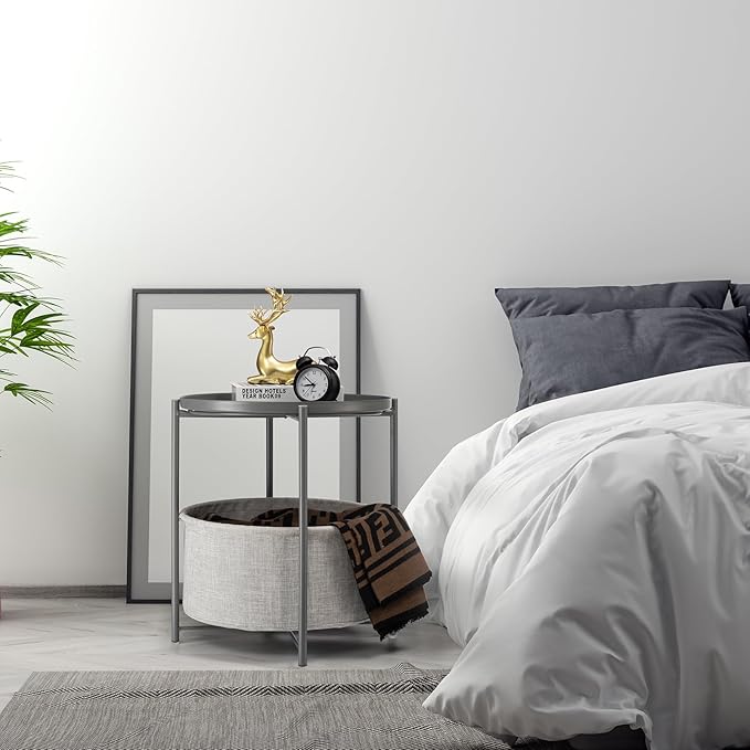 danpinera Round Side Table with Fabric Storage Basket, Metal Side Table Small Bedside Table Nightstand with Removable Tray Top for Living Room, Bedroom, Nursery, Laundry, Gray