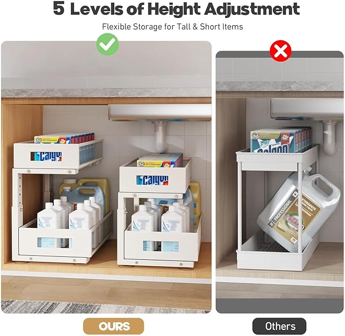 1 Pack 17IN Depth Under Sink Organizer, 2-Tier Pull Out Cabinet Organizer With Smooth Circular Rail, Large Capacity Metal Mesh Sliding Drawers For Bathroom& Kitchen Storage,Height Adjustable –White