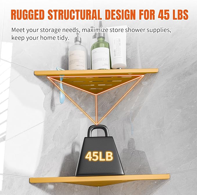 HBXS Shower Corner Shelf with Razor Hole,Modern Style Shower Caddy, Sturdy 304 Stainless Steel Shower Organizer,No Drilling Bathroom Corner Shelf for Tile Wall Gold 2 Pack-10