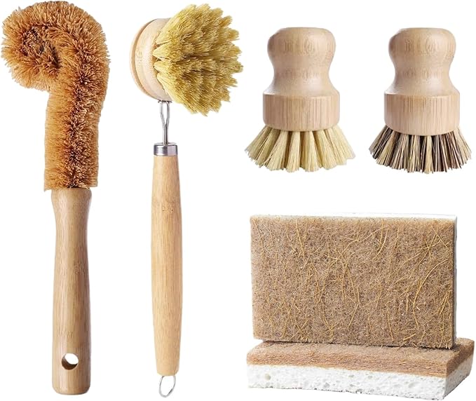 Natural Bamboo Dish Brush Set - 6 PCS Kitchen Cleaning Brush Kit with 4 Utensil Brushes and 2 Coconut Fiber Dish Sponges, for Cleaning Pots, Pans, Dishes, Bottles, Vegetables, and Fruits