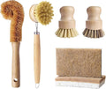 Natural Bamboo Dish Brush Set - 6 PCS Kitchen Cleaning Brush Kit with 4 Utensil Brushes and 2 Coconut Fiber Dish Sponges, for Cleaning Pots, Pans, Dishes, Bottles, Vegetables, and Fruits