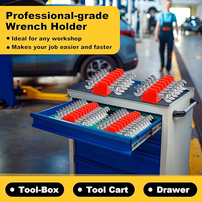 Chunful 100 pcs Modular Wrench Organizer Holder Wrench Tool Organizers Storage Racks Set with Metric & SAE Label for Tool Box Drawer Storage for Father Brother Professional Mechanics Men(Red)