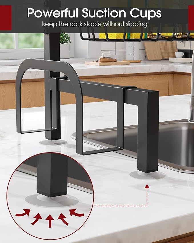 Over The Sink Dish Drying Rack - Adjustable 3 Tier XX-Large Capacity Stainless Steel Drainer with Cutlery & Utensil Holders, Kitchen Storage & Organization, 31.5"-39.5"L x 12"W x 30.5"H, Black