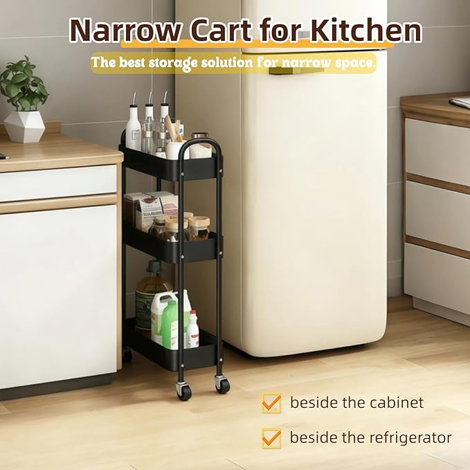 3 Tier Slim Metal Rolling Storage Cart for Laundry Room & Kitchen Organizer, 7.1'' Thin Standing Shelf for Narrow Spaces, Utility Cart with Wheels & Lockable Casters for Bathroom, Black