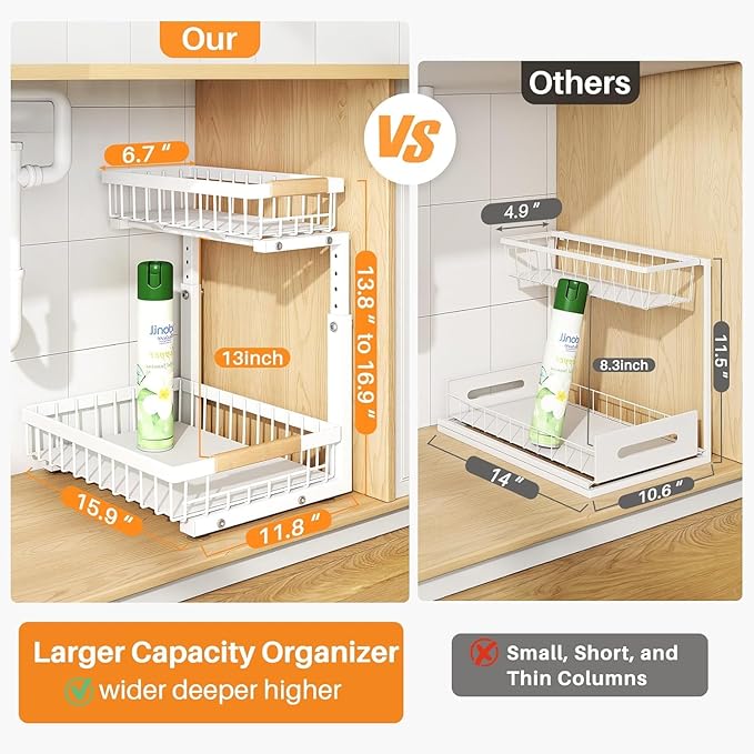 PXRACK 1 Pack Under Sink Organizer,Adjustable Height,2 Tier Pull Out Under Cabinet Organizer,Slide Out Thickened Metal Under Sink Storage for Kitchen Bathroom Laundry Cabinet Pantry,White