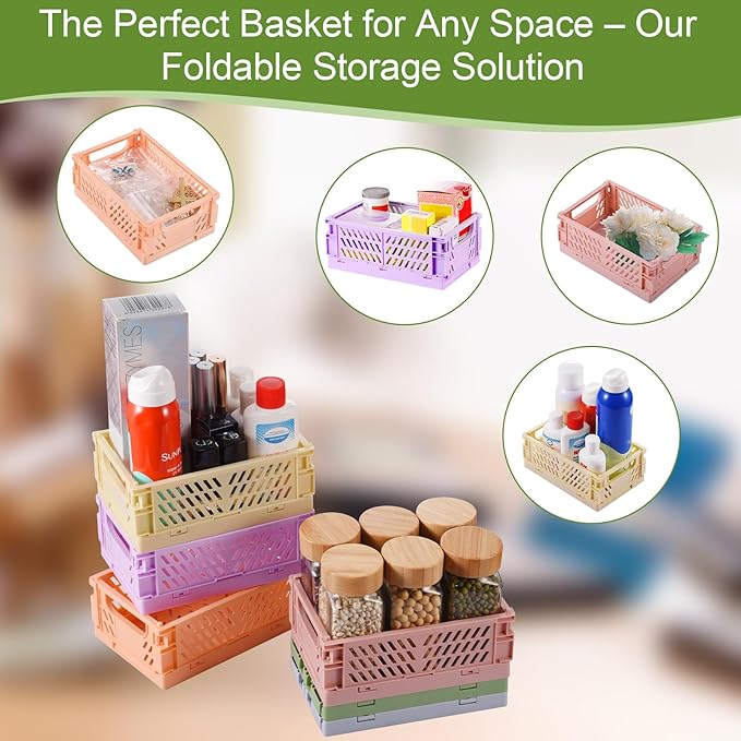 2-Pack Small Pastel Plastic Storage Baskets, Collapsible Crates for Organizing, Space-Saving Mini Bins for Classroom, Kitchen, Office, Bedroom (Pink, 9.8" x 6.5" x 3.8")