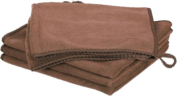 HARFINGTON 4 Pack Microfiber Cleaning Cloth, 16" x 12" Multi-Functional Cleaning Towels Reusable Absorbent Rags with Hook for Car Wash Kitchen Household Window Clean, Brown